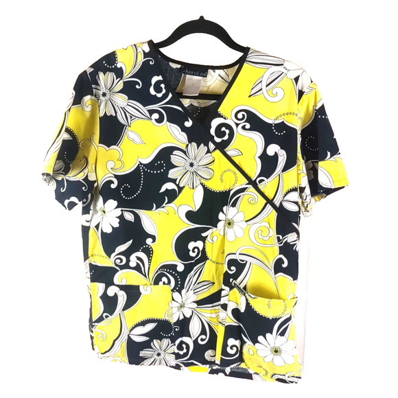 Cherokee Women's Scrub Top Size Medium Yellow Black Retro Design - Picture 5 of 6